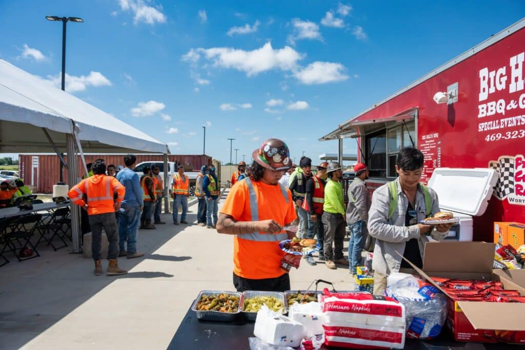 Trade partners enjoy lunch during the Texas Health Midlothian topping out celebration.